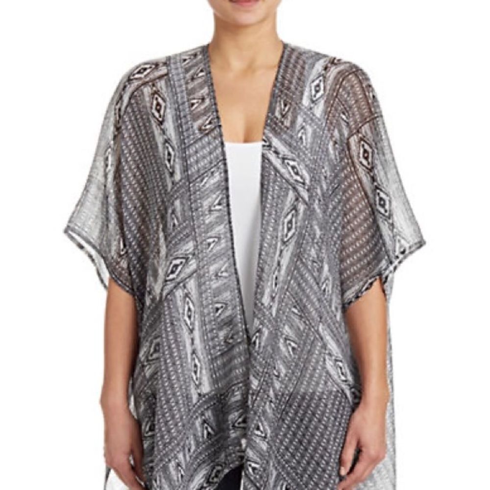 Lord & Taylor Printed Kimono Top-AZTEC BLACK/WHITE-One Size